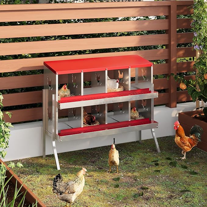 8 Hole Chicken Nesting Box with Roll Out Egg Tray, Rustproof & Ventilated Chicken Laying Boxes for Hens, Chickens, Ducks | Easy-Clean Poultry Coop Accessories, Red with Stand-PurrikoPets