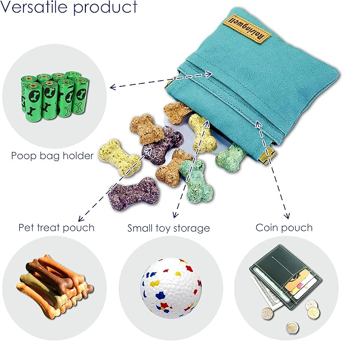 Dog Treat Pouch, Green Pocket Sized Pet Training Pouch, Cotton Fabric, Hand Free Dog Walking Bag with Carabiner, Self-Closing Pet Feed Snack Reward, for Puppy Travel or Outdoor Use-PurrikoPets