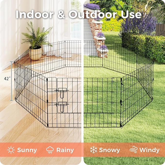 Foldable Dog Playpen 42" Height 8 Panels Metal Exercise Pen with Door - Indoor/Outdoor Dog Play Pen for Medium-Large Dogs, Portable Pet Fence for Yard Garden Camping, Black-PurrikoPets