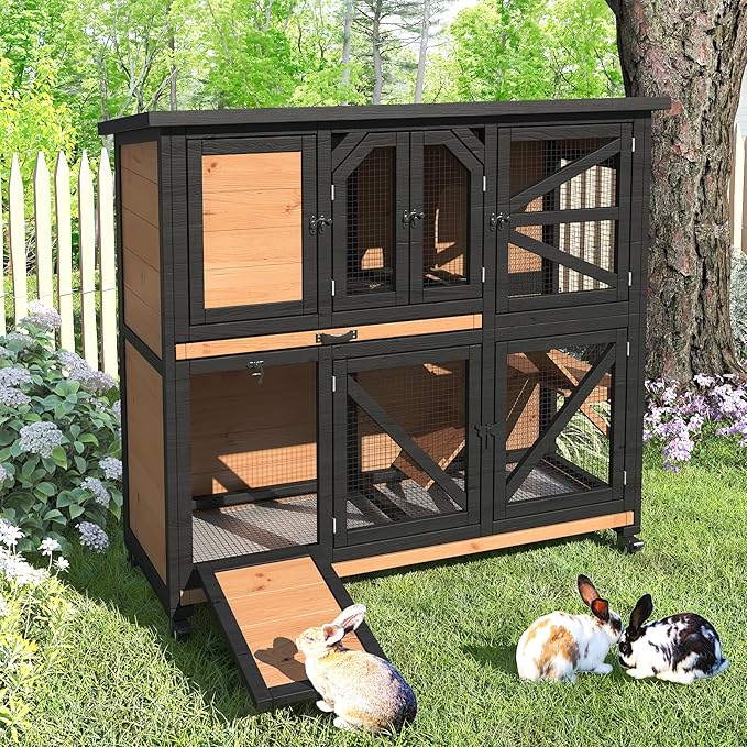 47.3" Two Story Rabbit Cage Bunny Cage Indoor, Wooden Rabbit Hutch Hamster Cages for Small Animals, Outdoor Guinea Pig Cages with Wheels & 2 Removable Trays & Bottom Wire Mesh-PurrikoPets