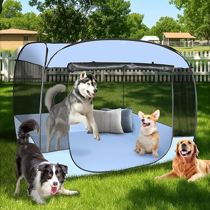 EighteenTek XLarge Popup Portable Dog Houses, 5.3'x4'H Assembly-Free Gazebo-Style Dog Cot Cat Playpen Screen Pet Tent Sun Shade Shelter Dog Bed with Canopy for Outdoor, Anti-Bugs with Leakproof Bottom-PurrikoPets
