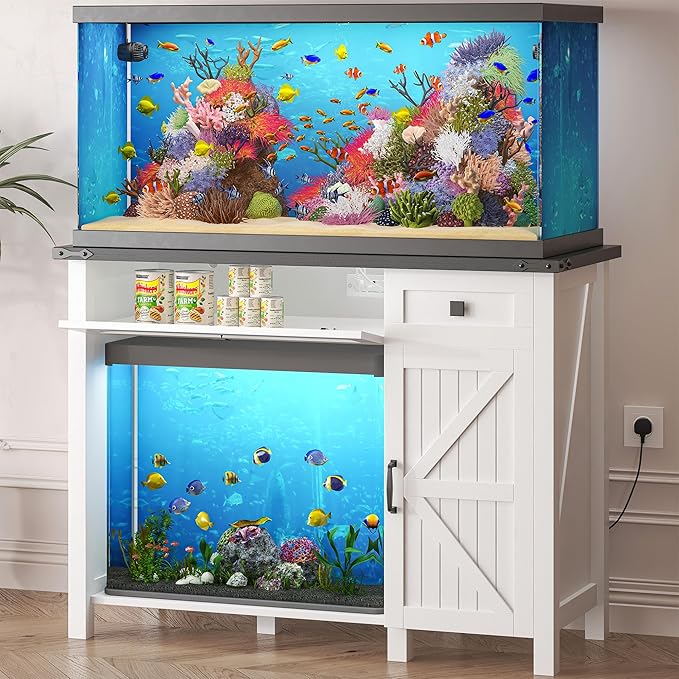40 Gallon Aquarium Stand With Charging Station, Farmhouse Fish Tank Stand, Reptile Tank Stand Terrarium Stand with Drawer and Cabinet Storage, Sturdy Heavy Duty 41.9"×18.3" Tabletop - White-PurrikoPets