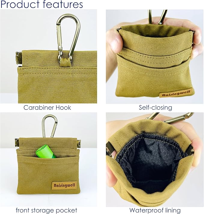 Dog Treat Pouch, Brown Pocket Sized Pet Training Pouch, Cotton Fabric, Hand Free Dog Walking Bag with Carabiner, Self-Closing Pet Feed Snack Reward, for Puppy Travel or Outdoor Use-PurrikoPets