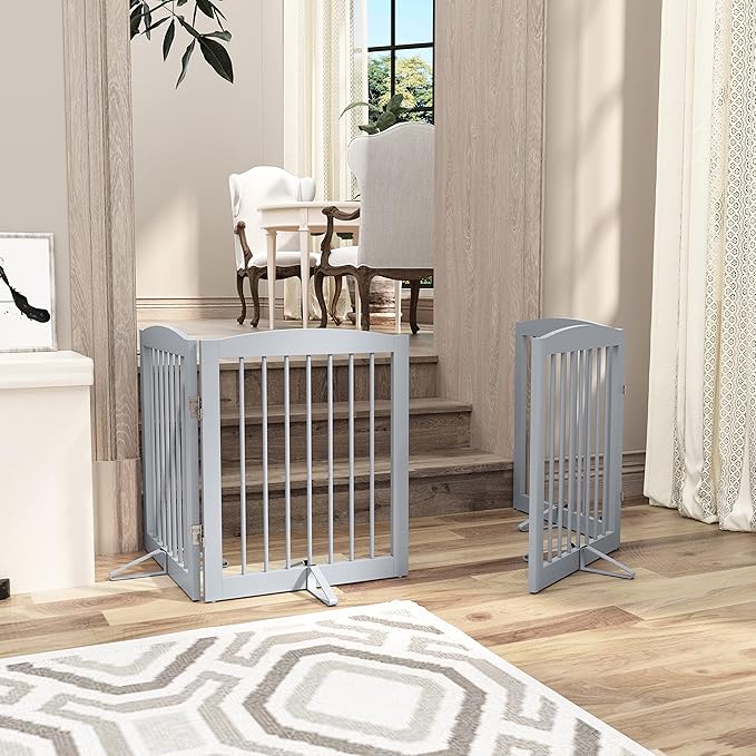 Freestanding Pet Gate for Dogs, Foldable Wooden Dog Gate for House, Indoor Pet Barrier for Stairs, Doorways, Support Feet Included, 24" Height 2 Panels, Grey-PurrikoPets