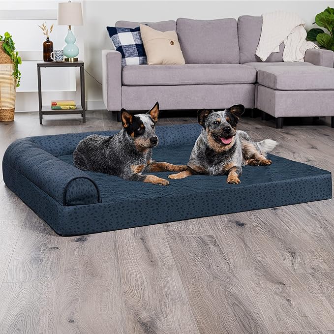 Furhaven Cooling Gel Dog Bed for Large Dogs w/ Removable Bolsters & Washable Cover, For Dogs Up to 125 lbs - Plush & Almond Print L Shaped Chaise - Blue Almonds, Jumbo Plus/XXL-PurrikoPets