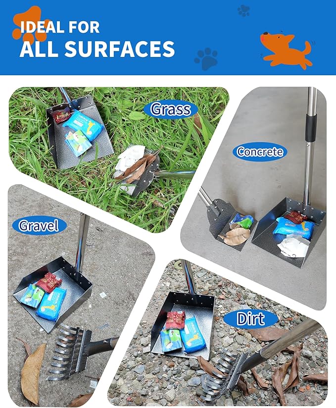 Dog Pooper Scooper Set, Stainless Metal Tray Rake Spade 3 Pack, Long Handle Pet Waste Scooper for Large Medium Small Dogs, Heavy Duty Poop Scooper for Yard, Grass, Dirt or Gravel-PurrikoPets