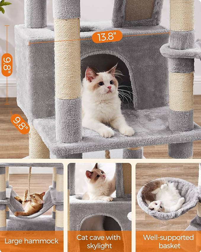 Feandrea Cat Tree, 66.1-Inch Large Cat Tower with 13 Scratching Posts, 2 Perches, 2 Caves, Basket, Hammock, Pompoms, Multi-Level Plush Cat Condo for Indoor Cats, Light Gray UPCT165W01-PurrikoPets