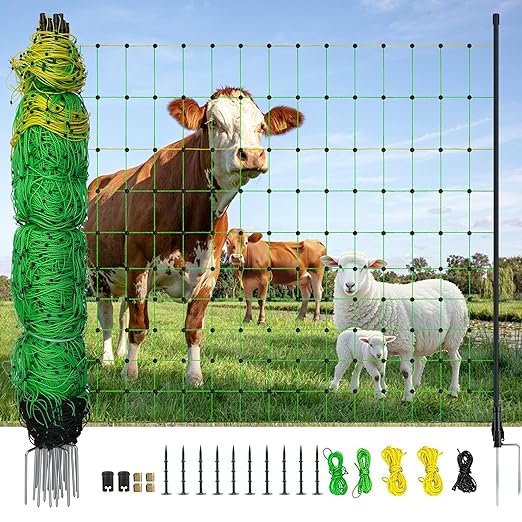 Electric Fence Netting, 164'L x 47.2" H Electric Chicken Fence Kit for Livestock, Farms, Backyards, Garden, Assembled Double Spiked Portable Electric Poultry Farm Fence-PurrikoPets