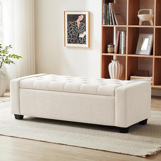 48" Ottoman with Storage, Storage Ottoman Bench with Safety Hinge, Upholstered Entryway Bench with Seating for Bedroom, Living Room, Holds up to 330 lb, Beige-PurrikoPets