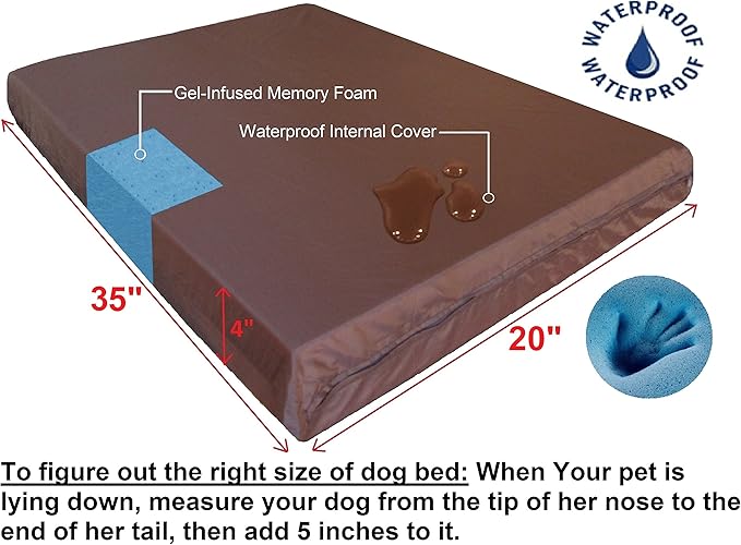 Dogbed4less Orthopedic Small Medium Gel Memory Foam Pet Bed with Washable Denim Cover, Waterproof Liner and Extra External Case 35X20X4 Inch-PurrikoPets