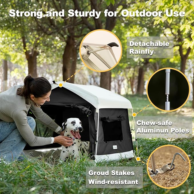 Dog Tent Cotton Fabric, Aluminum Poles and Camping Mat, Outdoor Weatherproof, Dog House Outdoor, Breathable with 2 Side Windows, Portable and Collapsible (Black, Large)-PurrikoPets