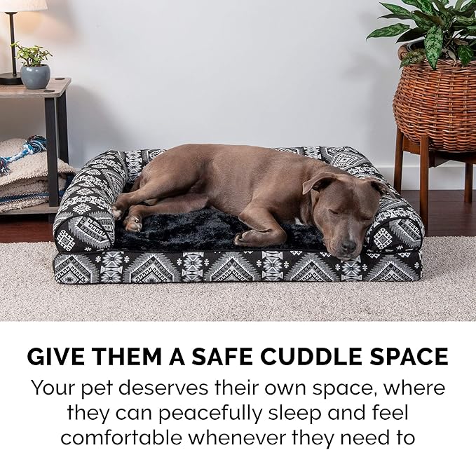Furhaven Orthopedic Dog Bed for Large Dogs w/ Removable Bolsters & Washable Cover, For Dogs Up to 95 lbs - Plush & Southwest Kilim Woven Decor Sofa - Black Medallion, Jumbo/XL-PurrikoPets