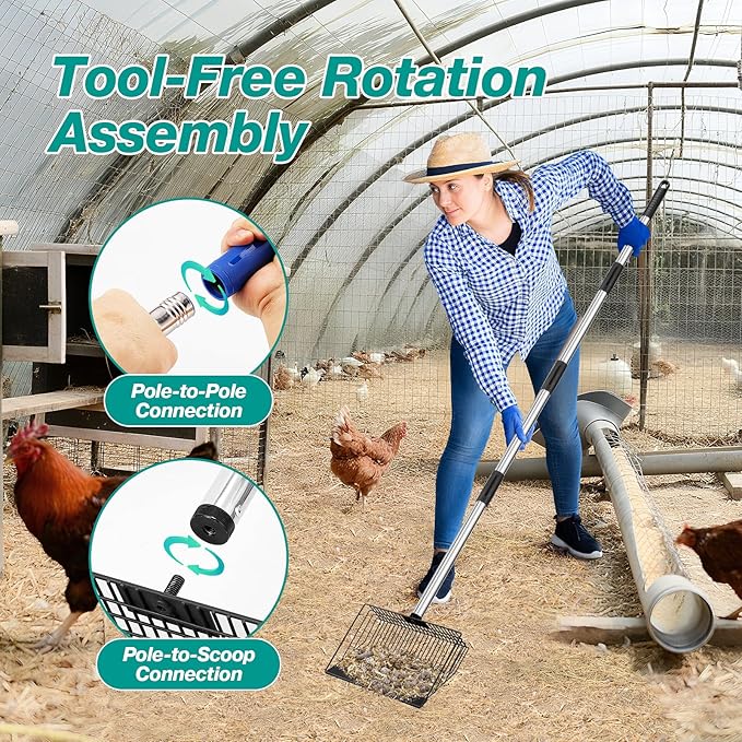 Adjustable Chicken Poop Scooper, Heavy Duty Stainless Steel Chicken Rake with 3-Slot Pole, Multi-Use Pet Waste Shovel & Hay Scooper - 36"/50"/64" Length-PurrikoPets