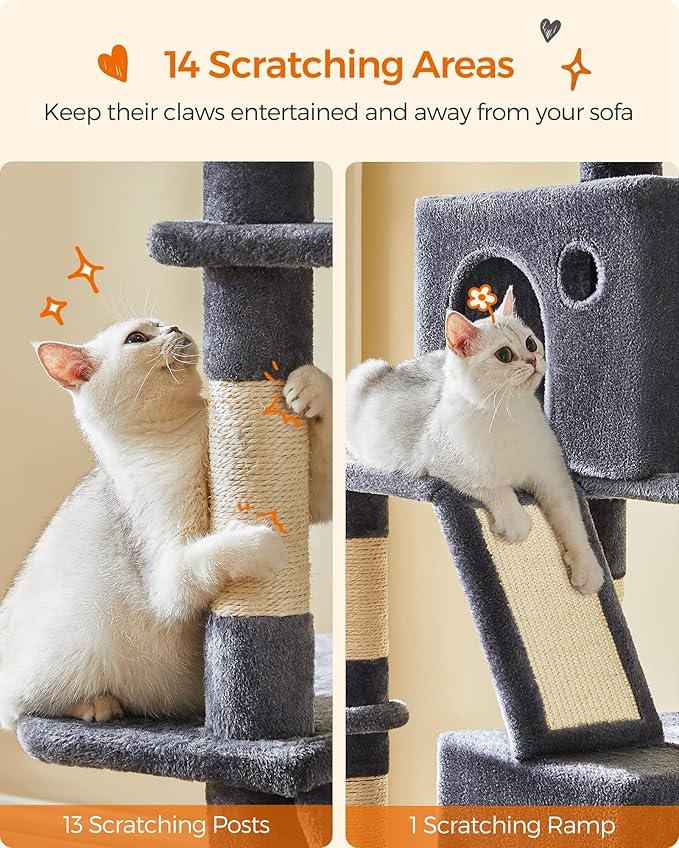 Feandrea Cat Tree, 81.1-Inch Large Cat Tower with 13 Scratching Posts, 2 Perches, 2 Caves, Basket, Hammock, Pompoms, Multi-Level Plush Cat Condo for Indoor Cats, Smoky Gray UPCT190G01-PurrikoPets