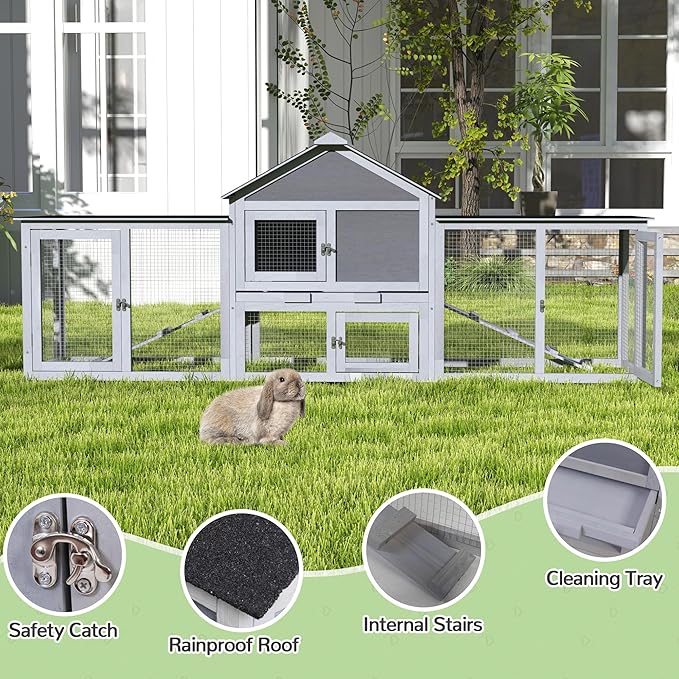 82.5” Large Wooden Rabbit Hutch Outdoor Easy to Assemble Rabbit Cage and Durable Bunny Hutch Indoor with Cleaning Tray & Waterproof Roof for Small and Medium Bunny Rabbit Chick (Grey)-PurrikoPets