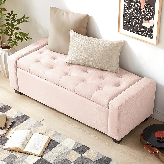 48" Ottoman with Storage, Pink Storage Ottoman Bench with Safety Hinge, Upholstered Entryway Bench with Seating for Bedroom, Living Room, Holds up to 330 lb-PurrikoPets