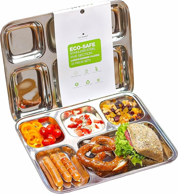 Extra Large Premium Stainless Steel Dinner Plates, 5 Compartments, Set of 2 | Eco Friendly Dinnerwear for Camping, Portion Control, Meal Prep, Lunch, and Party-PurrikoPets