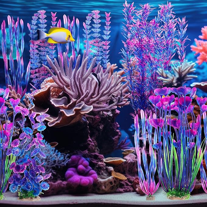 10 Pcs Large Aquarium Artificial Plants Decorations, Tall Plastic Fish Tank Plant Decorations for Household and Office Aquarium(Purple)-PurrikoPets