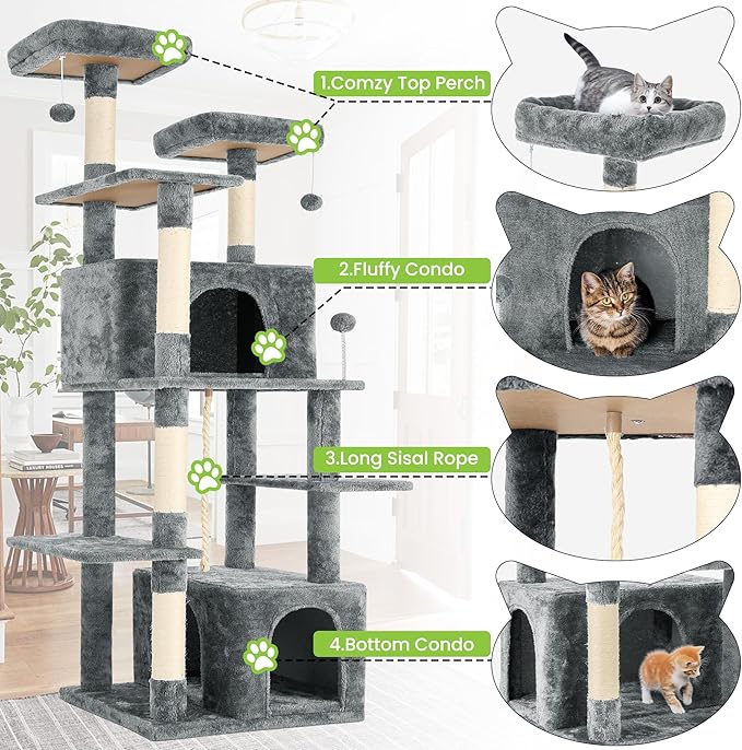 69in Large Cat Tree Tower for Indoor Cats with Soft Plush Hang Ball, Two Condos, Sisal Scratch Posts & Rope Play for Kittens/Adult Cats, Grey-PurrikoPets