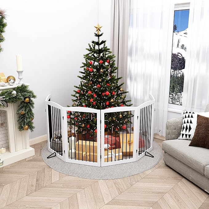 Freestanding Pet Gate for Dogs, Indoor Wooden Foldable Dog Gate for House, Extra Wide, Pet Fence for Stairs, Doorways, Halls, Support Feet Included, 120 Inch Wide, 6 Panels 32",White-PurrikoPets