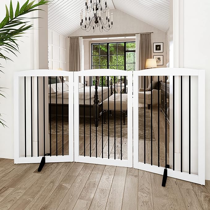 Freestanding Pet Gate for Dogs, Foldable Wooden Dog Gate for House Indoor, Tall Pet Fence for Stair, Doorway,Hall, Support Feet Included, 3 Panels 32",White-PurrikoPets