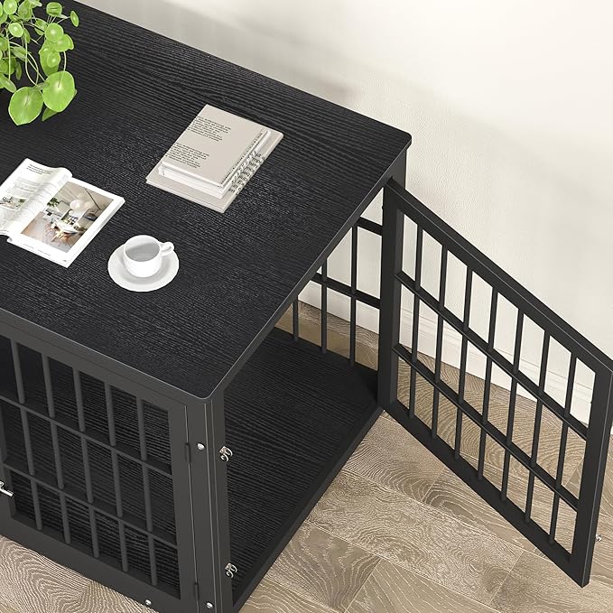 42 Inch Heavy Duty Dog Crate Furniture for Large and Medium Dogs, Decorative Pet House End Table, Wooden Cage Kennel Furniture Indoor, Black-PurrikoPets