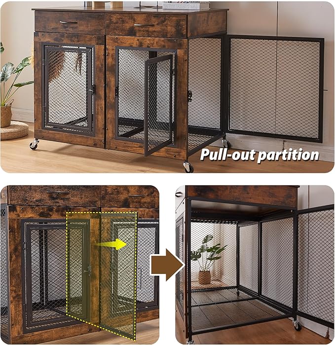 43" Large Dog Crate Furniture, Wood Dog Kennel End Table with Drawers, Decorative Pet Crate with Removable Partitions & Wheels, Dog House Indoor for Large/Medium/Small Dogs-PurrikoPets