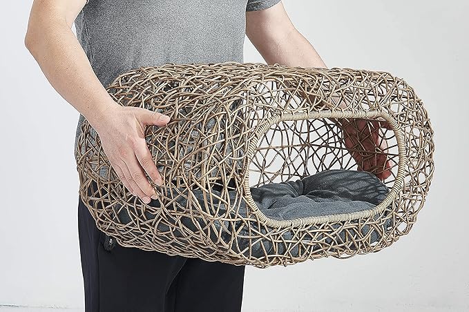 Fun Stackable Cat Condo for Indoor Cats - Interactive Play Faux Rattan Cat House for Indoor Cats Kitty, Pet Friendly Top/Side House Entry, Cat Bed Enclosed-PurrikoPets