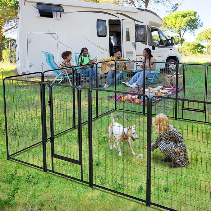 Dog Playpen Outdoor Extra Wide 16 Panels Heavy Duty Dog Fence 50" Height Anti-Rust with Doors Portable for RV Camping Yard, Total 42FT, 140 Sq.ft, Snowy Black-PurrikoPets