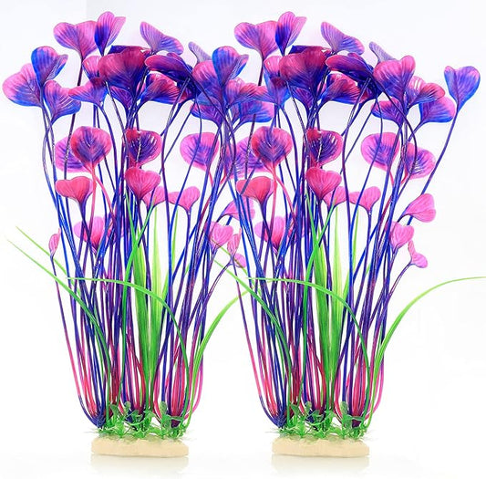 ALEGI Fish Tank Decorations Plastic Plants Large,Aquarium Artificial Plants Decoration Ornament Safe for All Fish-16 inch 2Pcs (Purple 2 pcs)-PurrikoPets