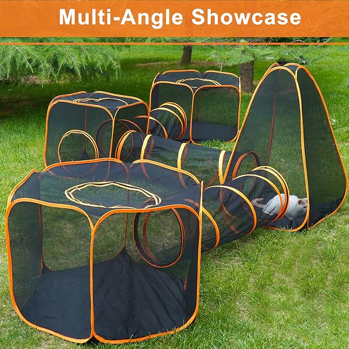 7 in 1 Outdoor Cat Enclosure, Foldable Pop-Up Mesh Playpen Tunnel for Pet Run, Foldable Outside Enclosed Tent Cage for Small Dogs, Rabbit and Other Animals-PurrikoPets