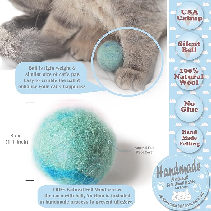 Felt Wool Cat Toys Ball with Catnip and Bell, Natural Handmade (Baby Blue (5 Units))-PurrikoPets