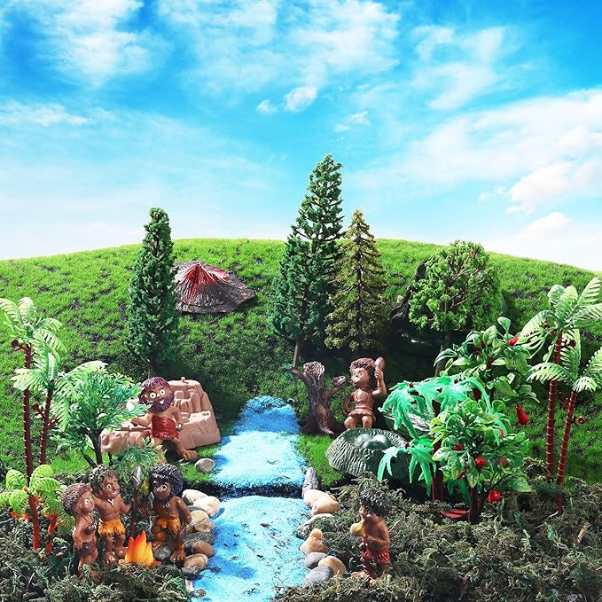 27 Pcs Primitive Man Figurines Kit, Include Diorama Supplies Mini People Figures Mixed Model Trees Stone Sand for Diorama Box Educational School Project Gift-PurrikoPets