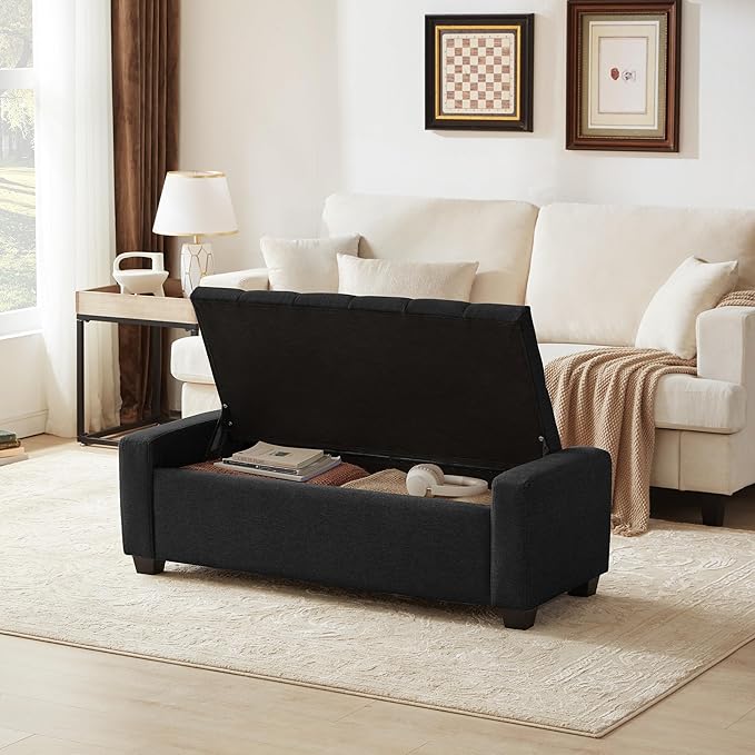 48" Ottoman with Storage, Black Storage Ottoman Bench with Safety Hinge, Upholstered Entryway Bench with Seating for Bedroom, Living Room, Holds up to 330 lb-PurrikoPets