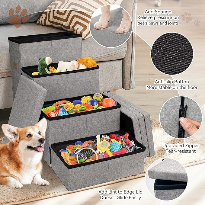 Dog Stairs 23" H, 4-Step Wider Dog Steps for High Beds Window, Folding Storage Pet Stairs Gift for Small/Medium/Large Old Dogs Cats, Ramp for Climbing Car Up to 200 lbs (Gray, with Condo)-PurrikoPets