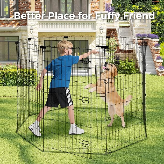 Foldable Dog Playpen 48" Height 8 Panels Metal Exercise Pen with Door - Indoor/Outdoor Dog Play Pen for Medium-Large Dogs, Portable Pet Fence for Yard Garden Camping, Black-PurrikoPets
