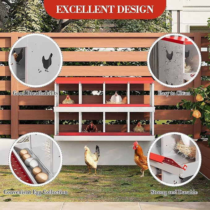 8 Hole Chicken Nesting Box with Roll Out Egg Tray, Rustproof & Ventilated Chicken Laying Boxes for Hens, Chickens, Ducks | Easy-Clean Poultry Coop Accessories-PurrikoPets