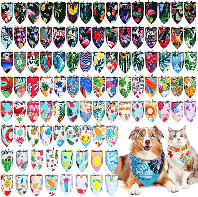 100 Pcs Hawaiian Dog Bandanas Bulk Pet Bibs Colorful Triangle Scarf Pet Bandanas for Medium Large Dogs Hawaiian Summer Luau Party Birthday Costume Decor-PurrikoPets