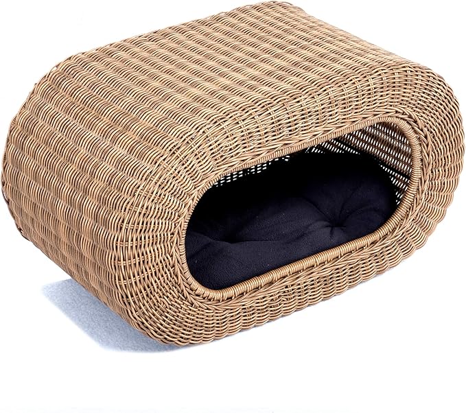 Fun Stackable Wicker Cat Hideaway House - Interactive Play Rattan Cat House for Indoor Cats Kitty, Pet Friendly Top/Side House Entry, Cat Bed Enclosed-PurrikoPets