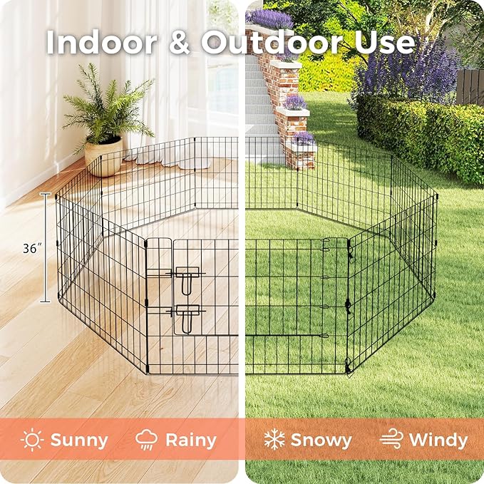 Foldable Dog Playpen 36" Height 8 Panels Metal Exercise Pen with Door - Indoor/Outdoor Dog Play Pen for Small-Medium Dogs, Portable Pet Fence for Yard Garden Camping, Black-PurrikoPets