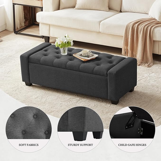 48" Ottoman with Storage, Storage Ottoman Bench with Safety Hinge, Upholstered Entryway Bench with Seating for Bedroom, Living Room, Holds up to 330 lb, Dark Gray-PurrikoPets