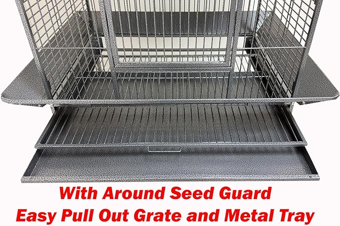 Extra Large Elegant and Durable Wrought Iron Climbing Ladder Perch Stand Play Top Ground Bird Parrot Metal Cage Around Seed Guard Storage Shelf with Heavy Duty Lockable Rolling Wheels-PurrikoPets