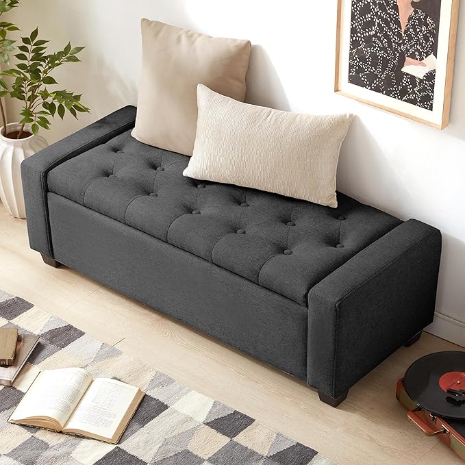 48" Ottoman with Storage, Storage Ottoman Bench with Safety Hinge, Upholstered Entryway Bench with Seating for Bedroom, Living Room, Holds up to 330 lb, Dark Gray-PurrikoPets