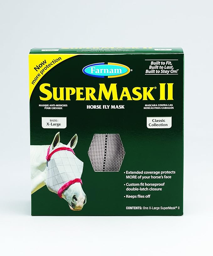 Farnam SuperMask II Fly Mask Without Ears for Larger Horses, Full Face Coverage and Eye Protection from Insect Pests, Structured Classic Styling Mesh with Plush Trim, XL Size-PurrikoPets