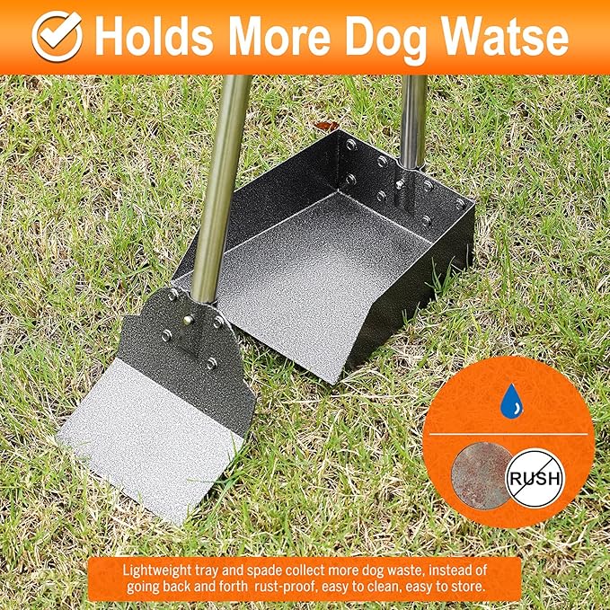 Dog Pooper Scooper, Adjustable Handle Poop Scooper with Tray,Rake and Spade Set of 3, Steel Stainless Poop Scoop for Small Medium Dogs and Pet Waste on Grass, Dirt and Gravel (Medium Size)-PurrikoPets