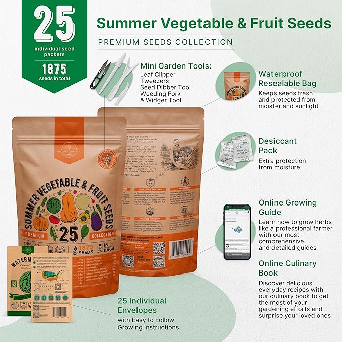 25 Summer Vegetable & Fruit Seeds Variety Pack - 1,870+ Non-GMO Heirloom Veggie & Fruits Seeds for Outdoors and Indoor Home Gardening, Including Collards, Tomato, Pepper, Okra, Onion, Bean, Cucumber-PurrikoPets
