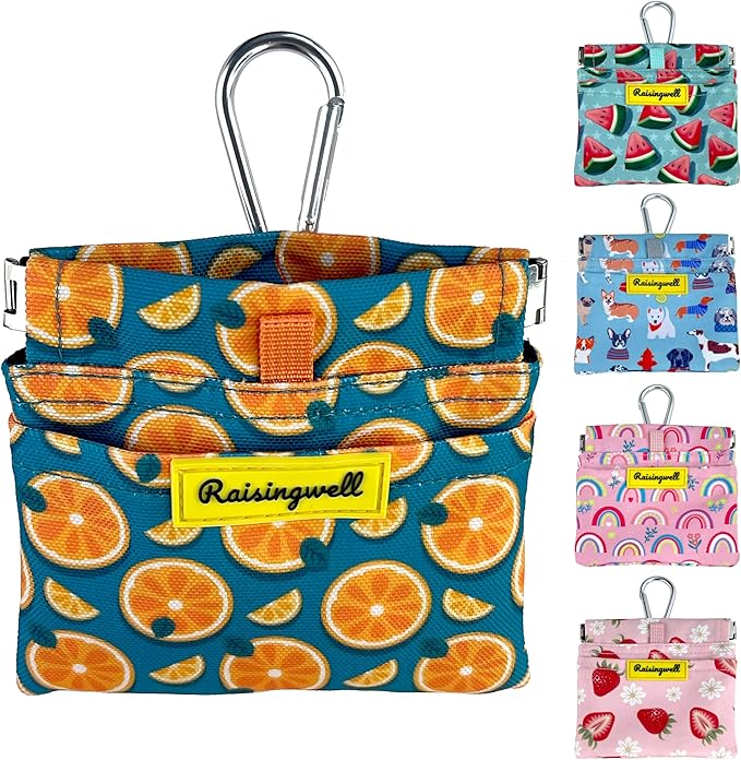 Dog Treat Pouch,Cotton Pocket Sized Training Holder, Hand Free Walking Funny Bag with Carabiner, Self-Closing Pet Feed Snack Reward, Behavior Aids for Puppy Travel or Outdoor Use（Fruit Orange）-PurrikoPets