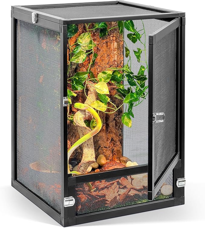 13 Gallon 360° Panoramic Foldable Reptile Terrarium Kit: Crested Gecko Tank and Reptile Cage for Superior Ventilation, Easy Feeding, Sturdiness, and Simple Assembly (Black, 18"x13"x13")-PurrikoPets