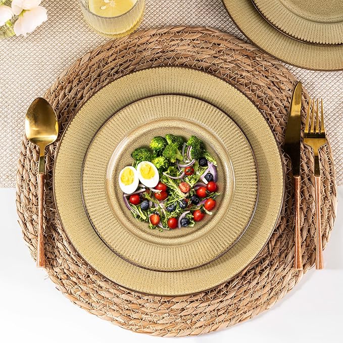 GBHOME Ceramic Dinnerware Sets,12 pcs Embossed Elegant Stoneware Plates and Bowls Sets, Housewarming Wedding Gift | Dishwasher & Microwave Safe | Dishes Set Service for 4-PurrikoPets