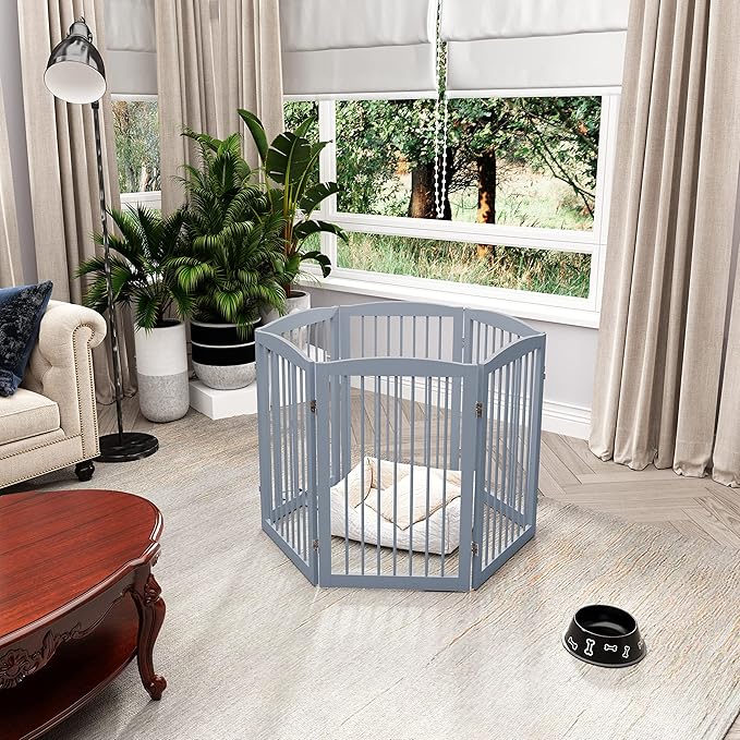 Freestanding Pet Gate for Dogs, Indoor Wooden Foldable Dog Gate for House, Extra Wide, Pet Fence for Stairs, Doorways, Halls, Support Feet Included, 120 Inch Wide, 6 Panels 32",Grey-PurrikoPets